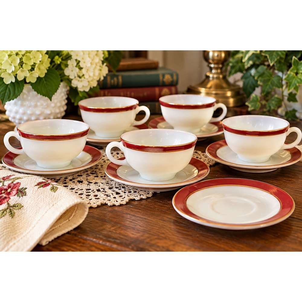 Vintage Pyrex Royal Burgundy Cups & Saucers 11 Pc Set Gold Trim MCM